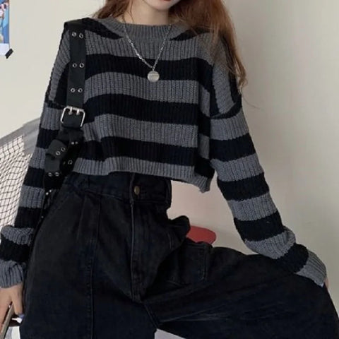 Goth Monochrome Stripe Cropped Knit Top