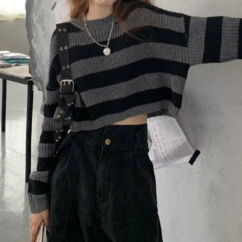 Goth Monochrome Stripe Cropped Knit Top