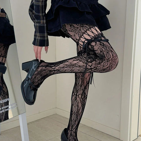 Victorian Goth Plum Lace Bow Thigh-High Sock