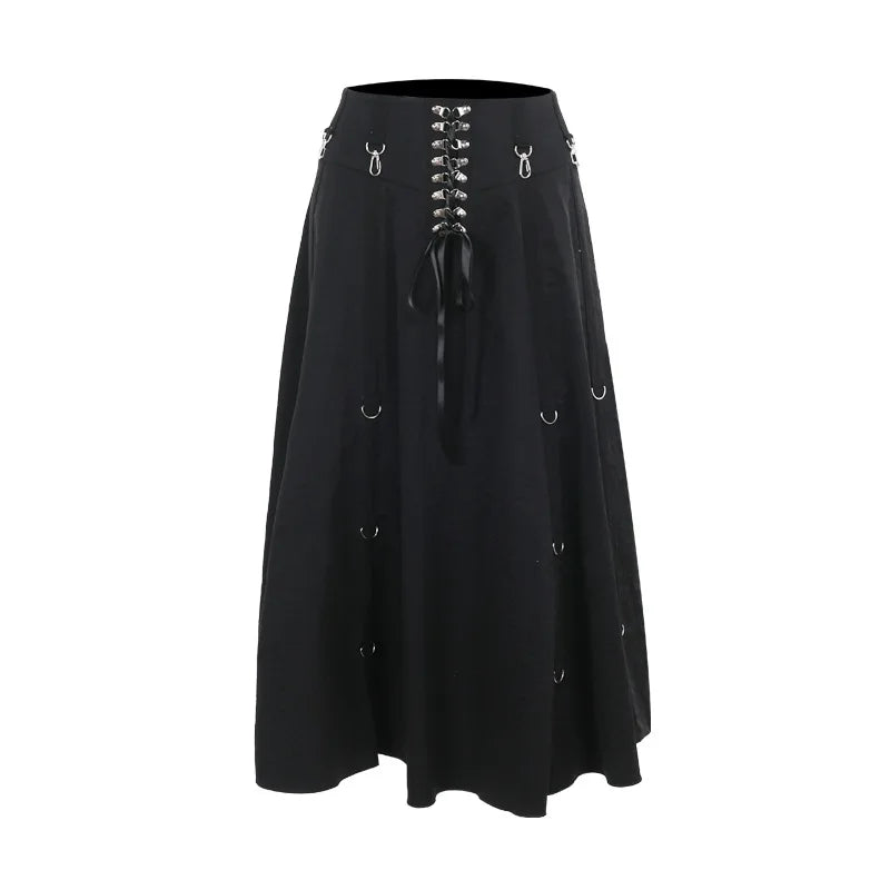 Goth Corset-Ring Midi Skirt with Detachable Ruffle Layer