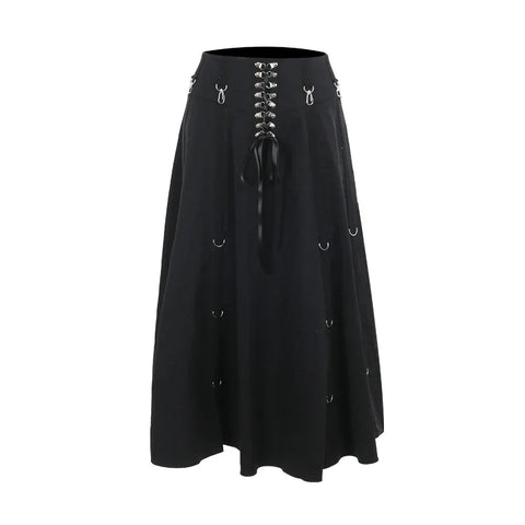 Goth Corset-Ring Midi Skirt with Detachable Ruffle Layer