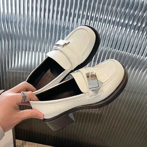 Pastel Goth Ivory Patent Block Heel Loafer Shoe