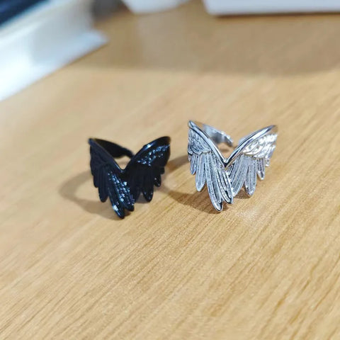 Goth Folded Angel Wings Silver Open Ring
