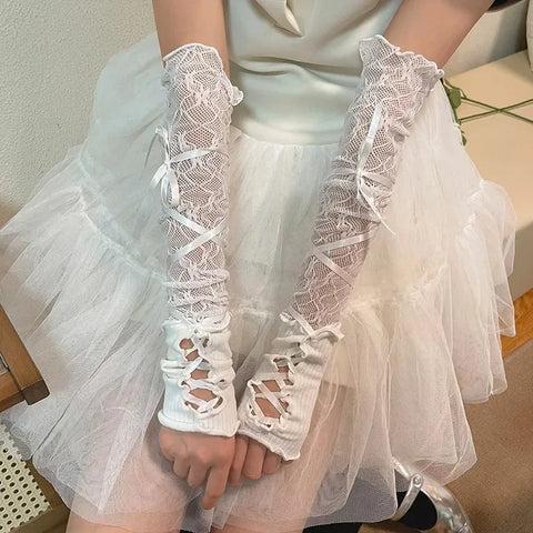 Goth Ribbon Lace-Up Mesh Fingerless Arm Gloves