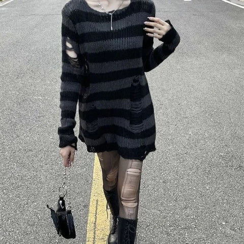 Goth Bloodline Stripe Hollow Knit Sweater