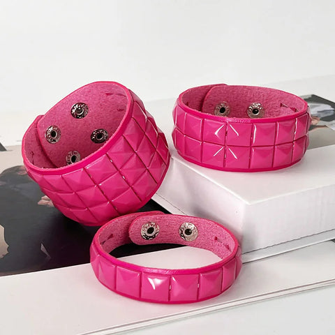Mall Goth Hot Pink Pyramid Stud Wide Cuff Bracelet