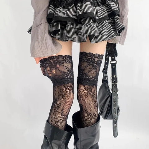 Goth Thigh-High Sheer Sock — Lace, Velvet Band & Crimson Edge