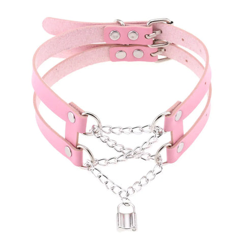 Pastel Goth Pink Leather O-Ring Choker Necklace Collection