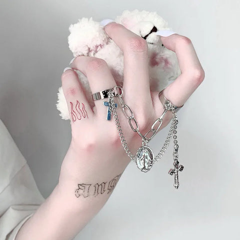 Goth Silver Chain Hand Harness Ring Set