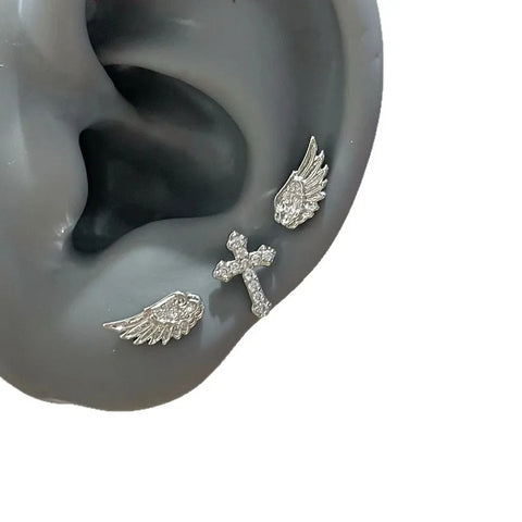 Mall Goth Fallen Angel Wing & Crystal Cross Earring Set
