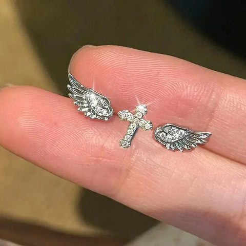 Mall Goth Fallen Angel Wing & Crystal Cross Earring Set