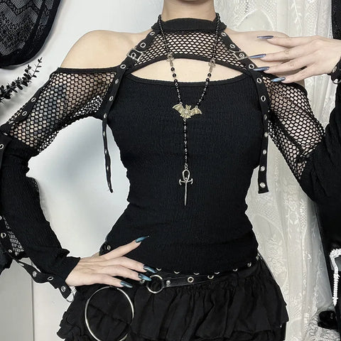 Goth Harness Cold Shoulder T-Shirt in Ribbed Mesh Black