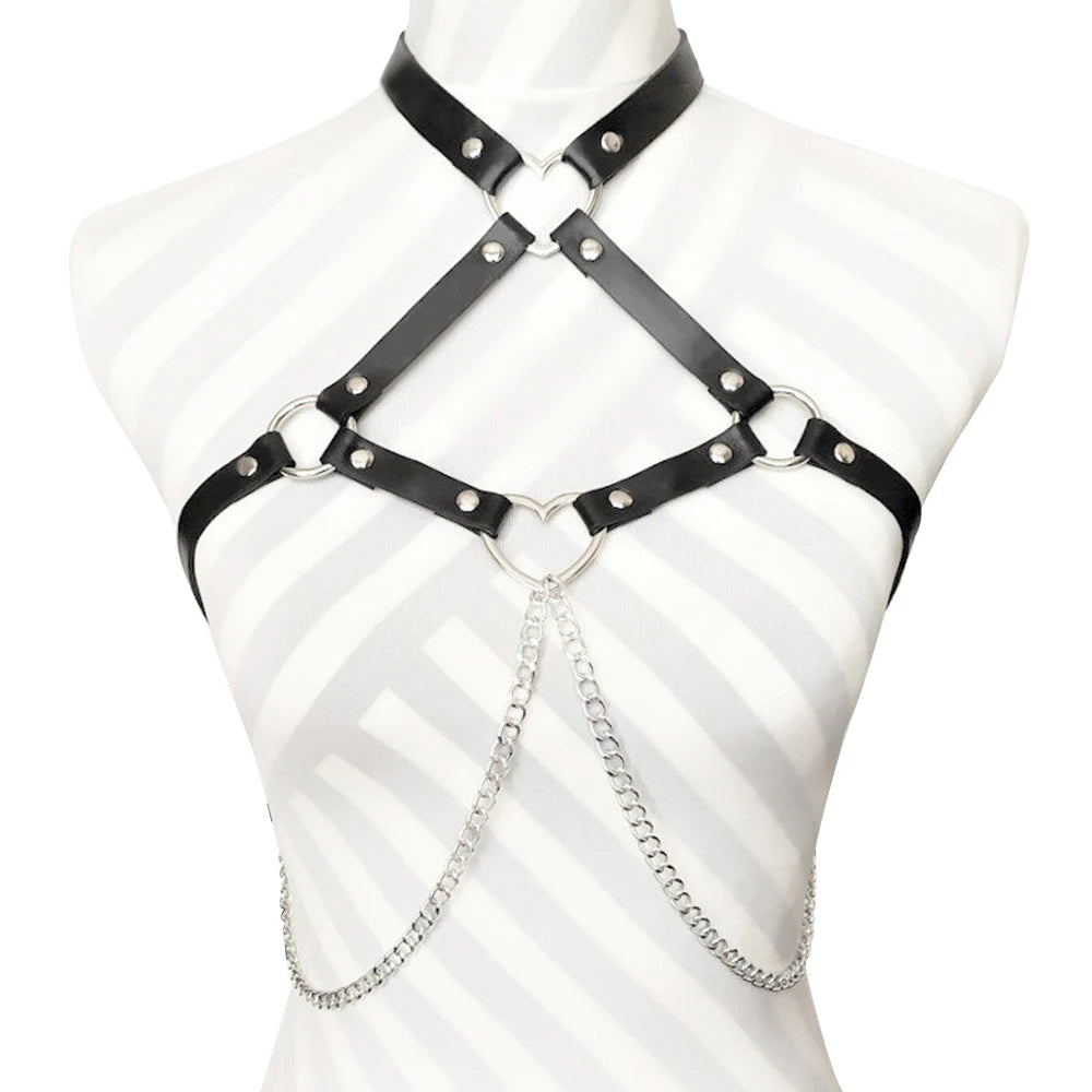 Goth Heart Ring Chain & Leather Chest Corset Harness