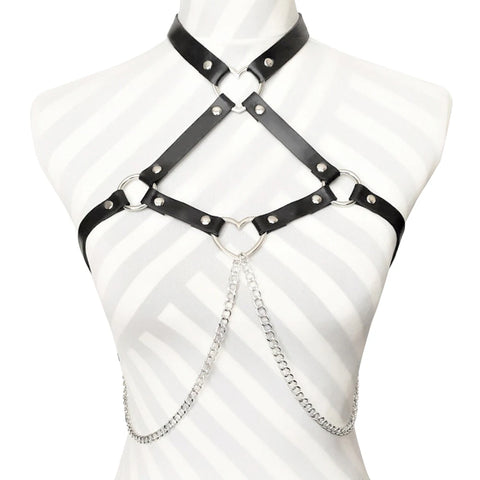 Goth Heart Ring Chain & Leather Chest Corset Harness