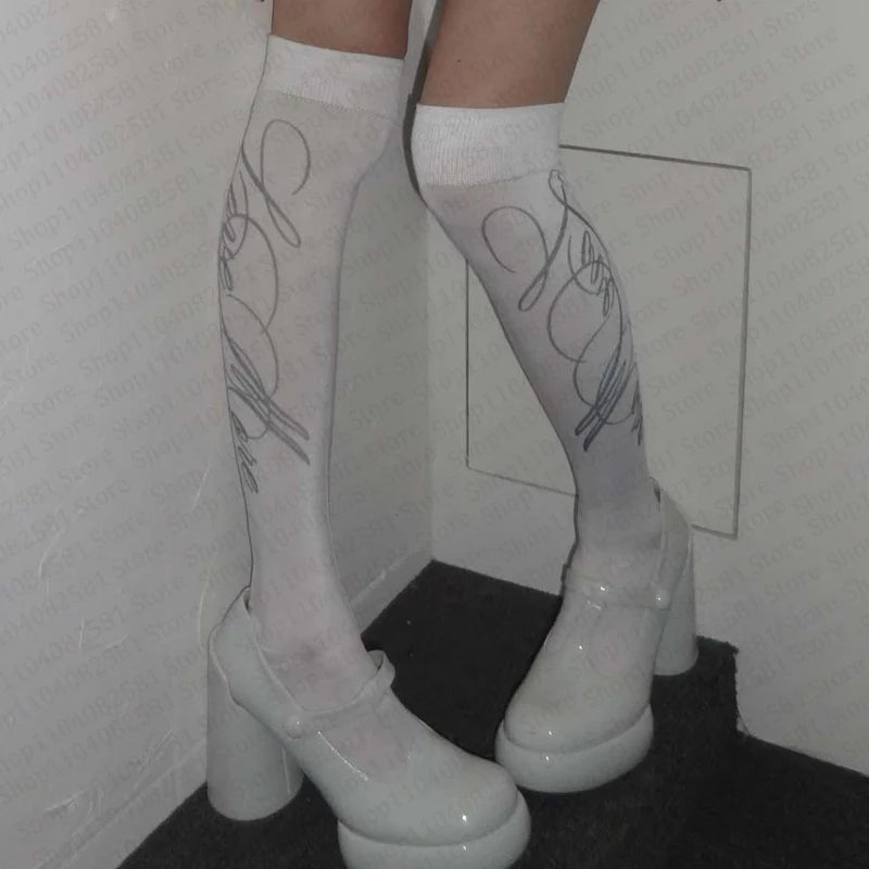 Nu Goth Script Tattoo Thigh-High Sock