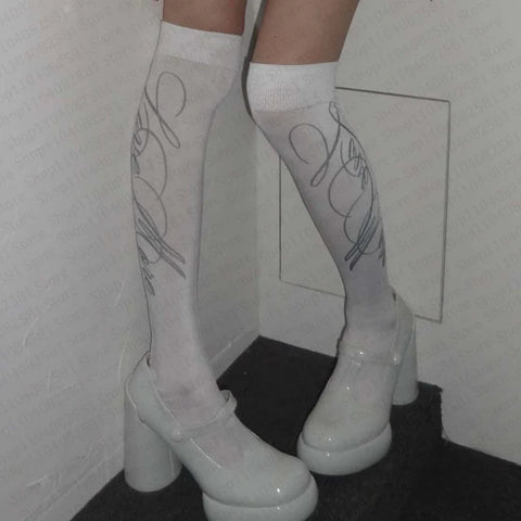 Nu Goth Script Tattoo Thigh-High Sock