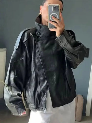 Nu Goth Oversized Moto Coat in Structured Faux Leather