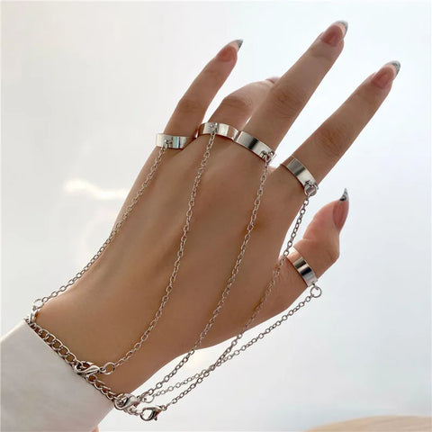 Goth Silver Chain Hand Harness Ring Set