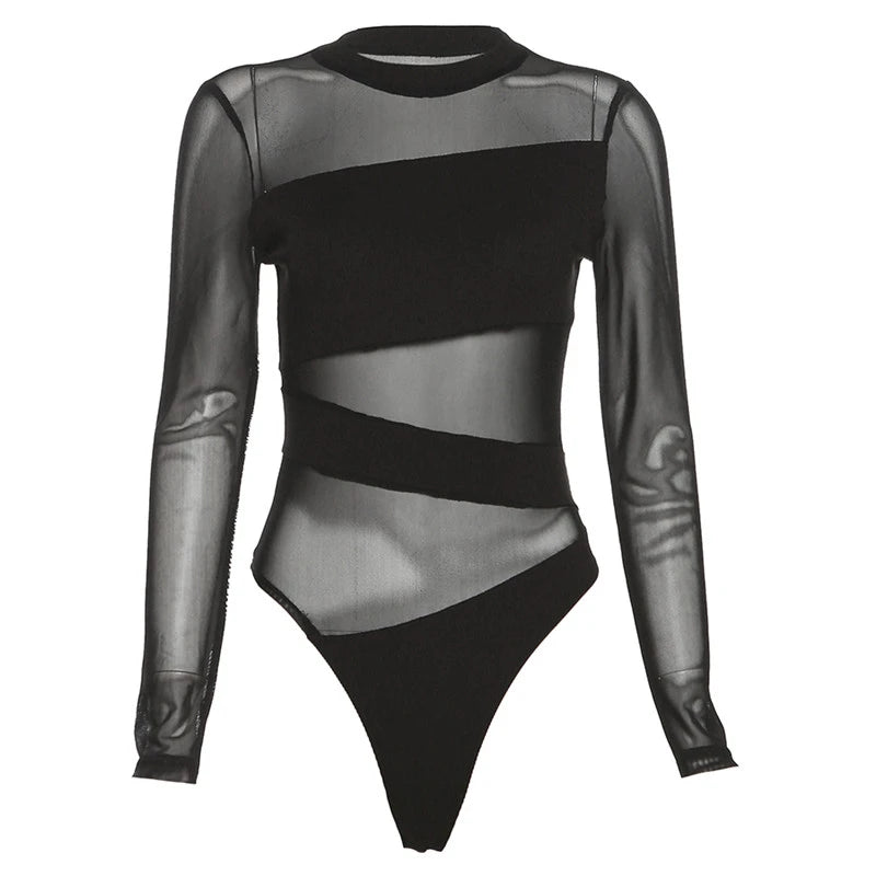Cyber Goth Mesh Panel Slash Bodysuit Suit