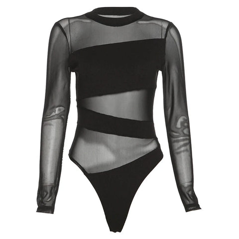 Cyber Goth Mesh Panel Slash Bodysuit Suit