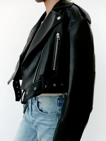 Goth Cropped Moto Coat in Obsidian Black