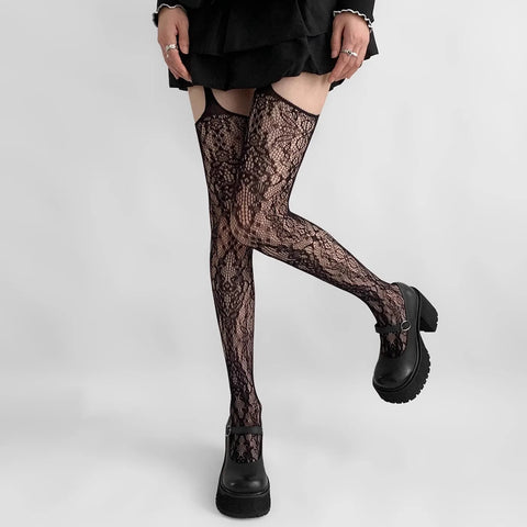 Victorian Goth Ivory Floral Lace Garter Leggings
