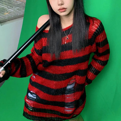 Goth Distressed Rainbow Stripe Oversized Sweater