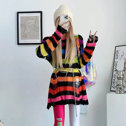 Goth Distressed Rainbow Stripe Oversized Sweater
