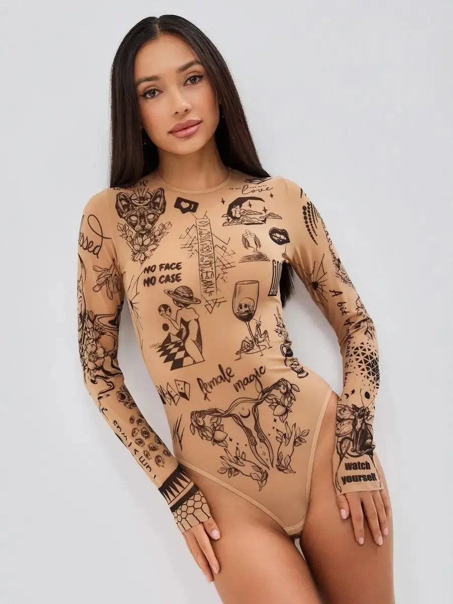 Nu Goth Female Magic Tattoo Print Bodysuit Suit