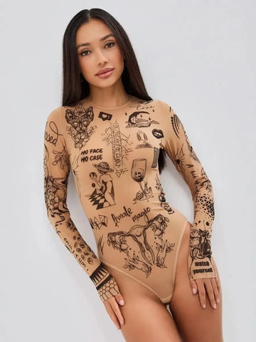 Nu Goth Female Magic Tattoo Print Bodysuit Suit