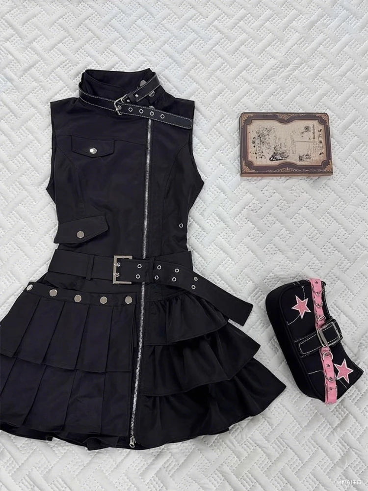 Goth Zipper Tiered Mini Dress in Midnight Black