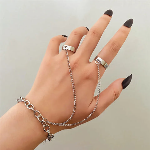 Goth Silver Chain Hand Harness Ring Set