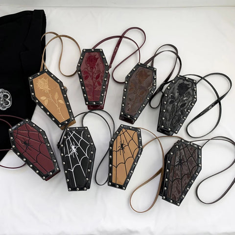 Goth Coffin Rose Embroidered Crossbody Bag