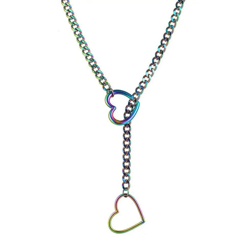 Goth Double Heart Lariat Chain Necklace