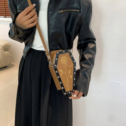 Goth Coffin Rose Embroidered Crossbody Bag