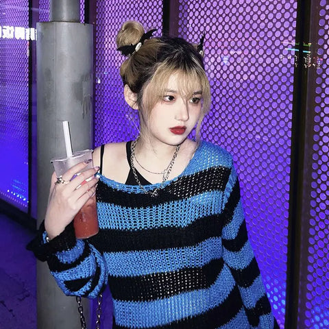 Goth Distressed Rainbow Stripe Oversized Sweater