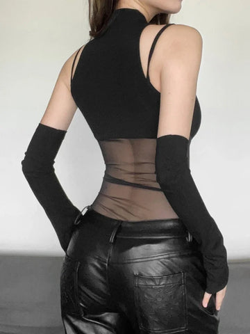 Cyber Goth Mesh Corset Panel Bodysuit Top
