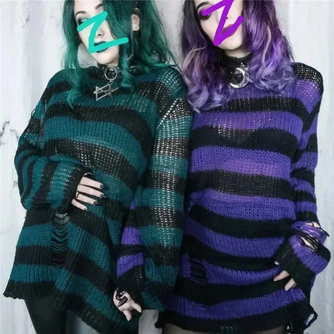 Goth Bloodline Stripe Hollow Knit Sweater