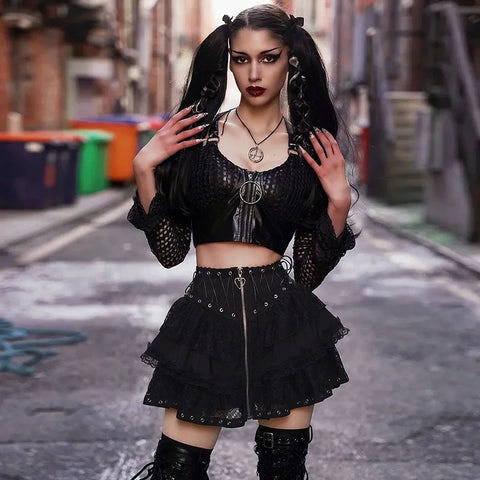 Goth Lace Tiered Corset Mini Skirt in Midnight Black