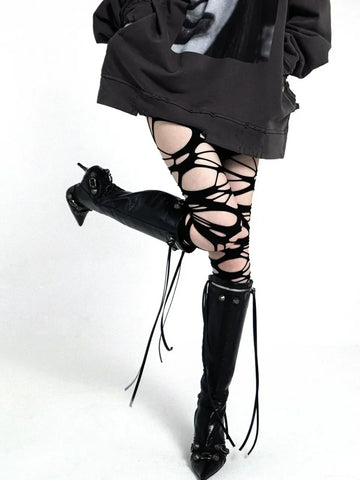 Goth Shredded Web Tights Sock — Black & White