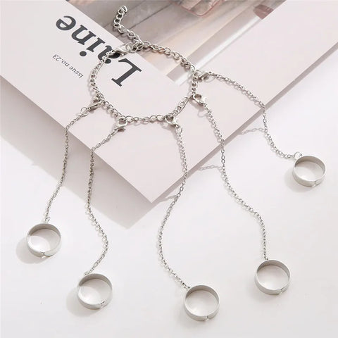 Goth Silver Chain Hand Harness Ring Set