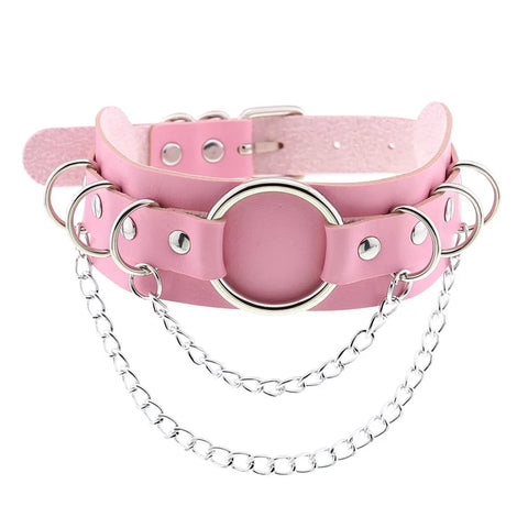 Pastel Goth Pink Leather O-Ring Choker Necklace Collection
