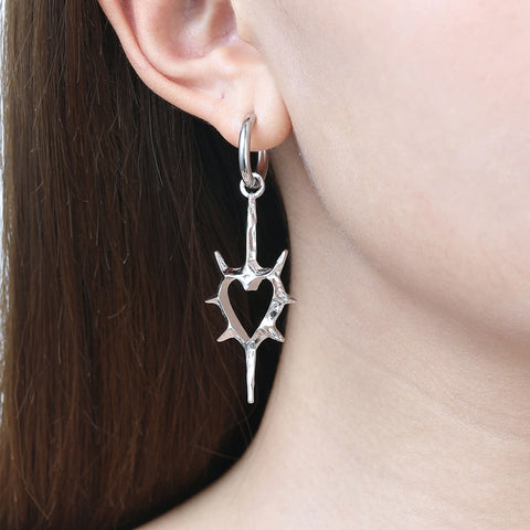 Goth Thorned Heart Drop Earring — Spiked Silver Hoop Charm