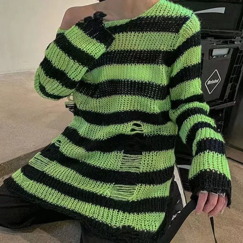 Goth Bloodline Stripe Hollow Knit Sweater