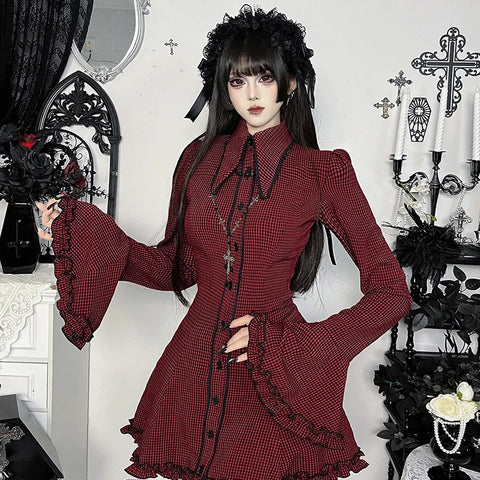 Victorian Goth Crimson Houndstooth Ruffle Dress