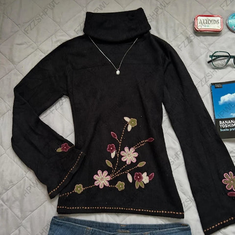 Nu Goth Midnight Blossom Turtleneck Sweater