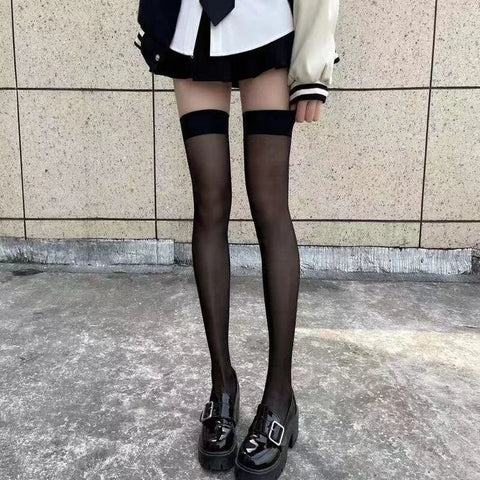 Goth Thigh-High Sheer Sock — Lace, Velvet Band & Crimson Edge