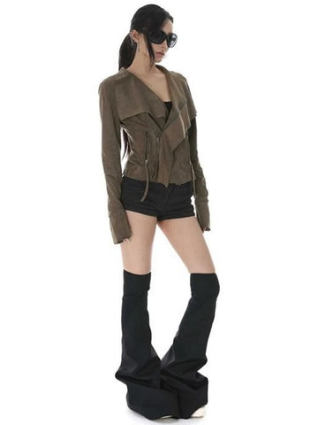 Nu Goth Asymmetric Zip Cropped Moto Coat in Noir