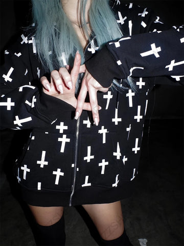 Nu Goth All-Over Cross Print Zip-Up Tshirt Hoodie