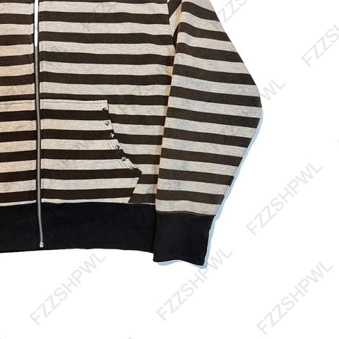 Goth Faux Fur Hood Striped Zip-Up Tshirt